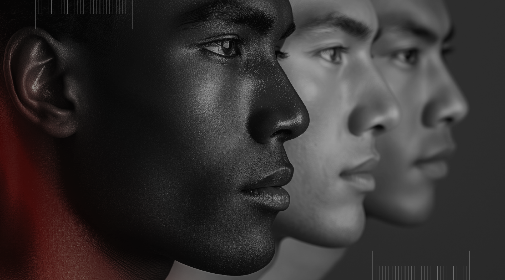Three overlapping side-profile faces in monochrome, fading from dark to light on a black background