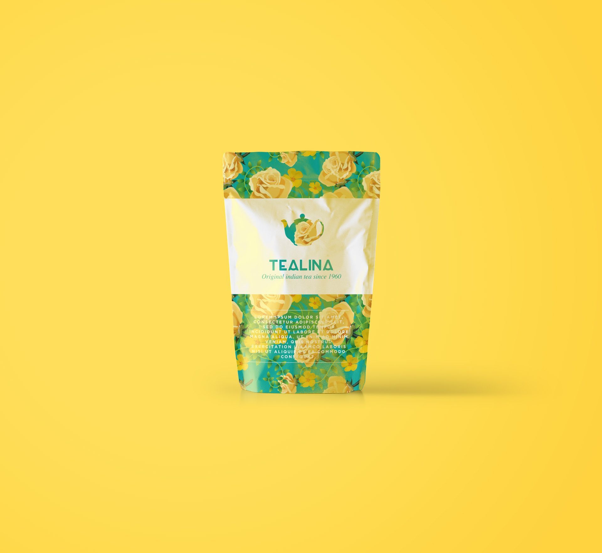 Tealina茶包，黃色底，綠色花卉圖案。