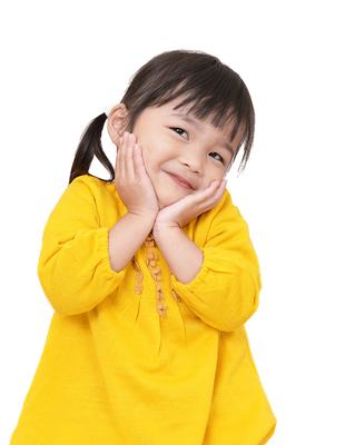 Smiling child in a bright yellow sweater, resting cheeks on hands against a white background