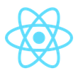 A blue icon of an atom on a white background.