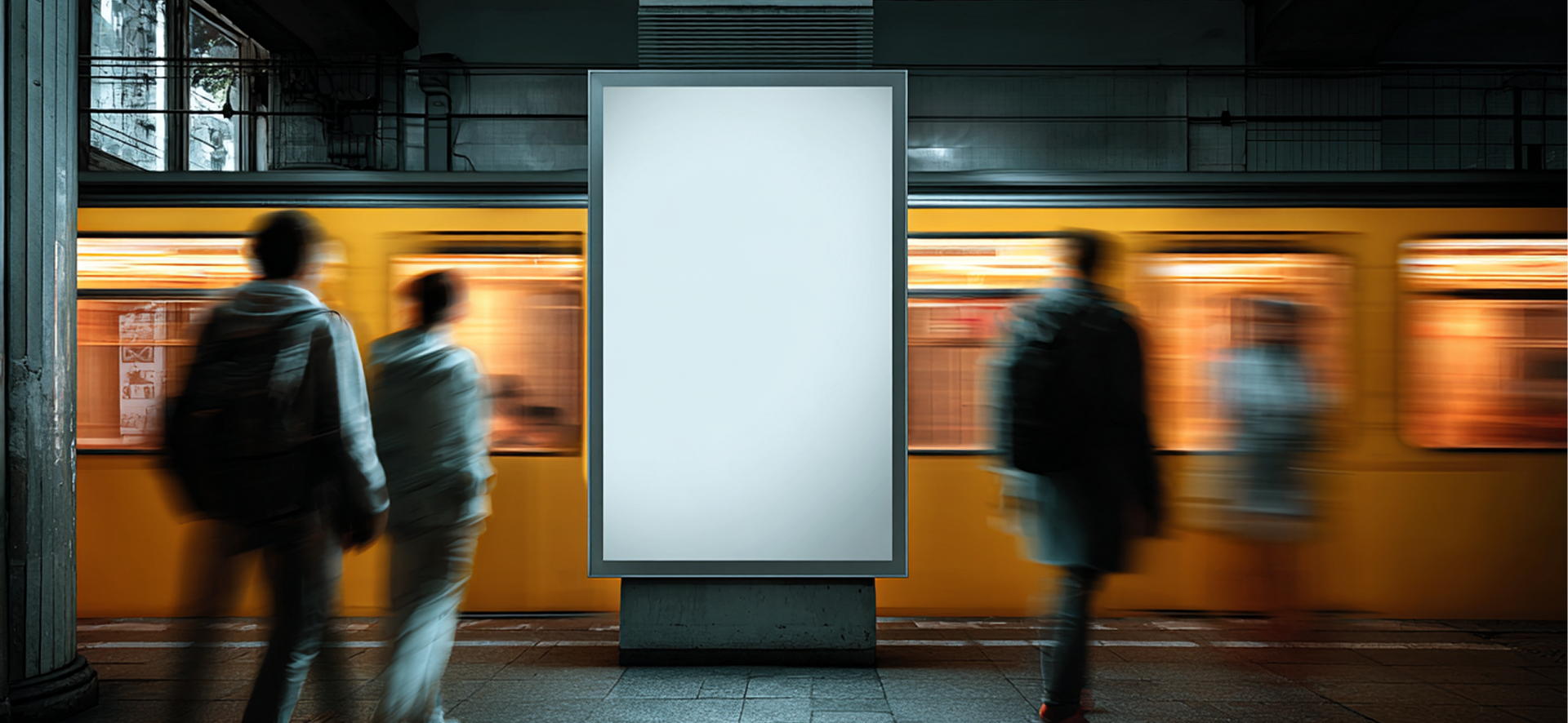 A blank, rectangular advertisement board stands on a subway platform in front of a passing yellow train.