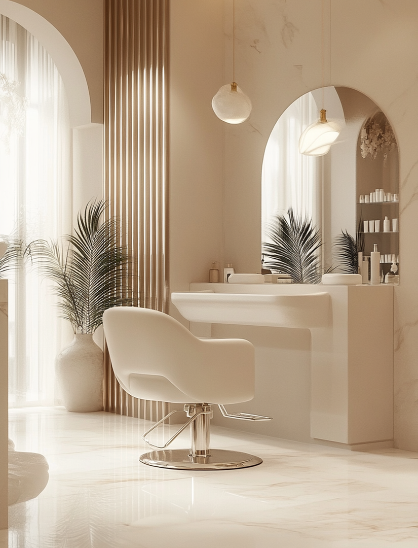 A minimalist salon station with a cream-colored chair, arched mirror, and warm lighting in a neutral, modern interior.