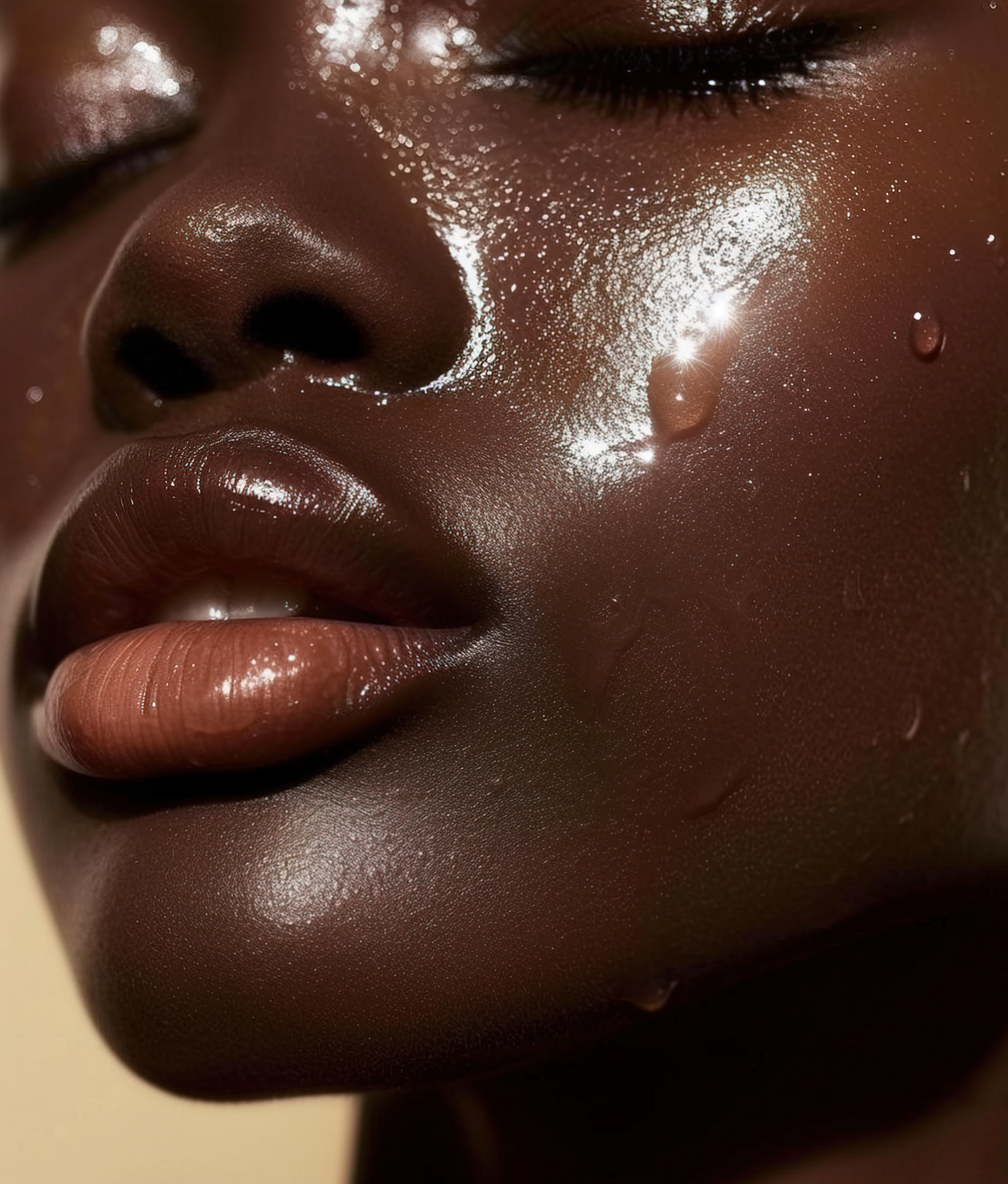 A close-up of skin with droplets of water and a glossy finish, highlighting the texture and reflective surface.
