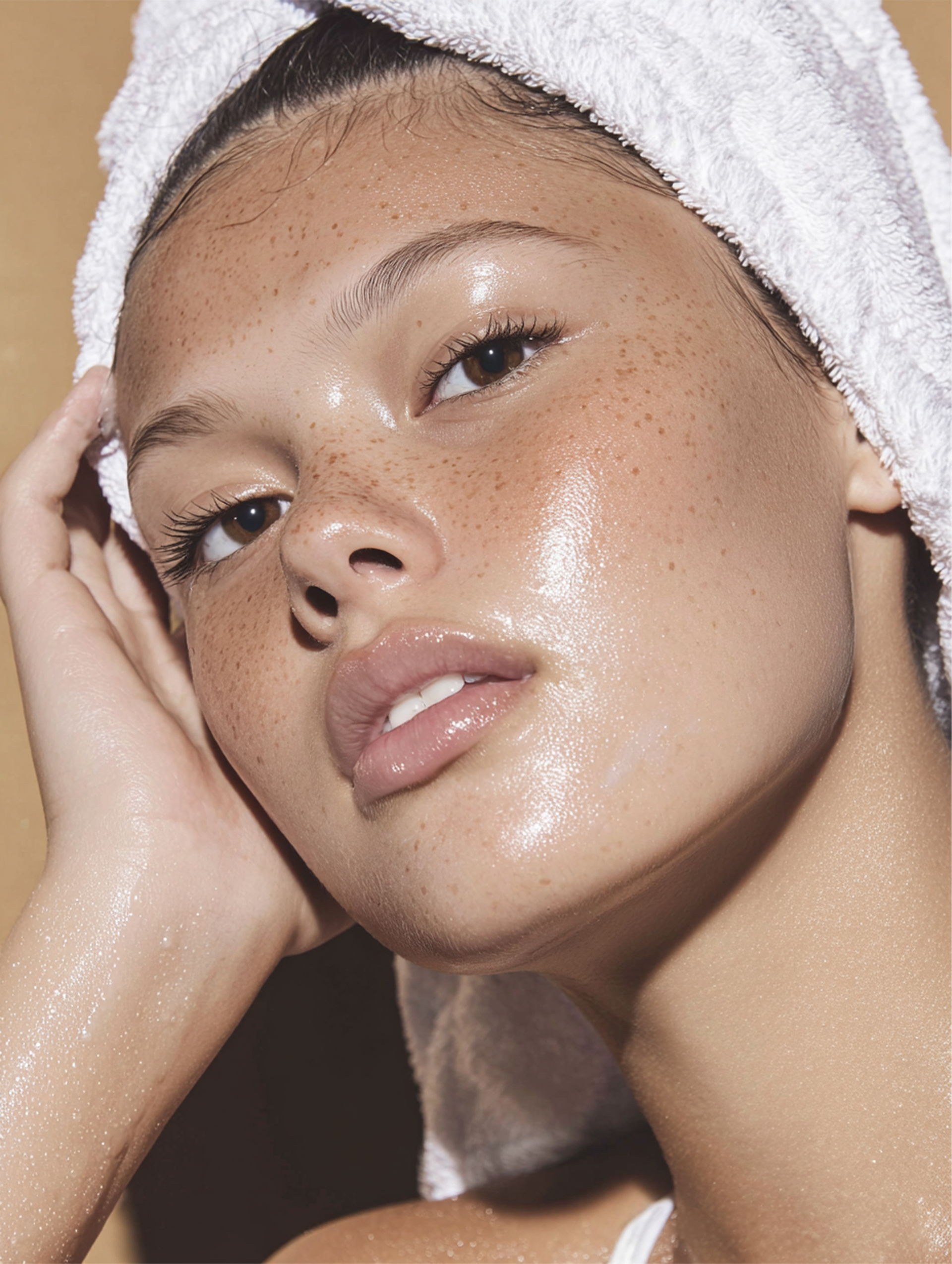 A person with a towel on their head and glowing, freckled skin, looking directly at the camera.