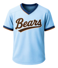 Light blue Bears V-neck jersey with navy and orange trim and brown script lettering