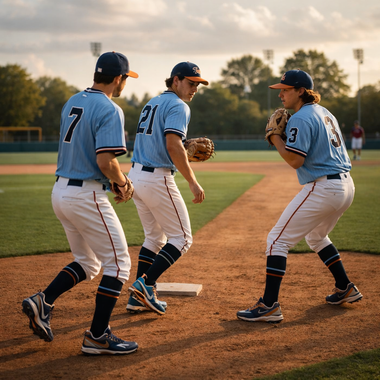Three baseball players in light blue uniforms huddle on a dirt infield at sunset.