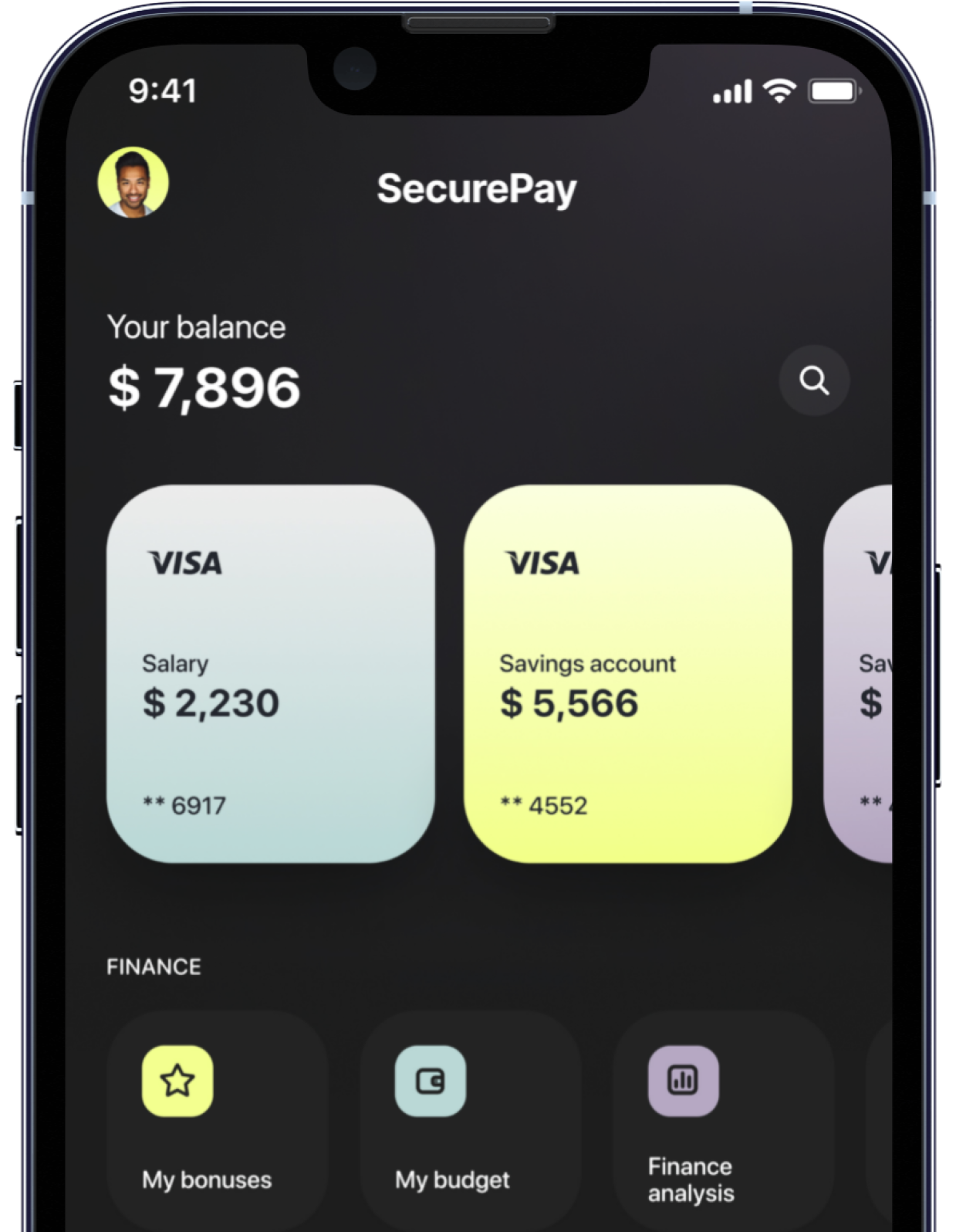 SecurePay banking app dashboard showing balance and cards on a dark phone screen