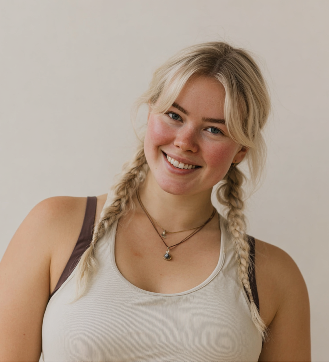 A person with blonde hair in two braids, wearing a cream-colored tank top and layered necklaces, smiling at the camera.