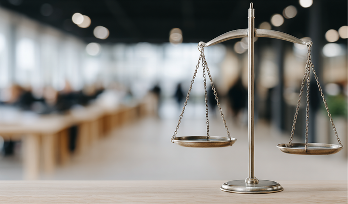 Brass balance scale in a blurred courtroom or law office interior