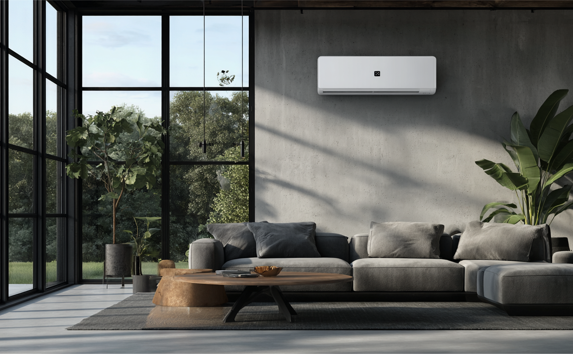 Modern living room with a gray sectional, large windows, and air conditioning unit.
