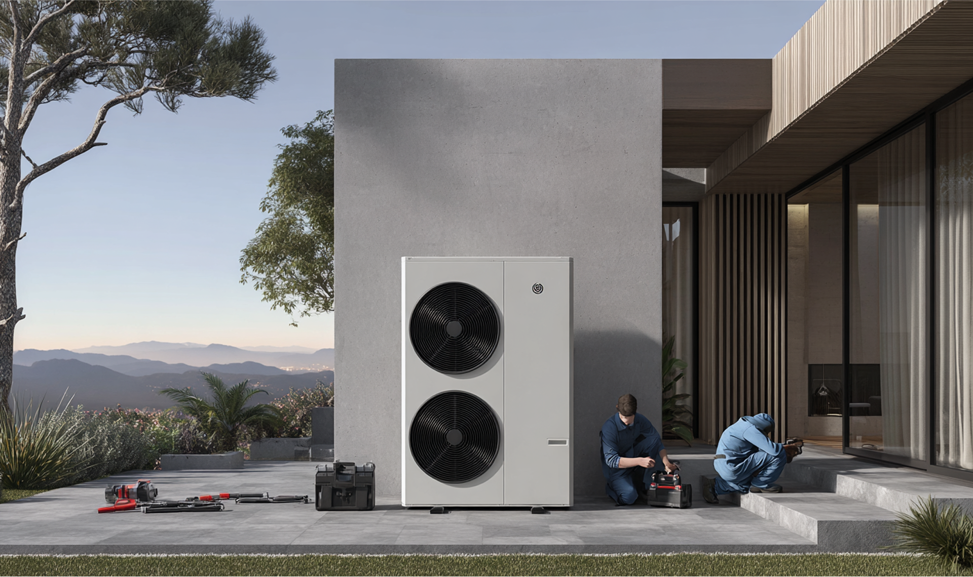 Two workers installing heat pump outside modern home, tools visible. Mountain view in background.