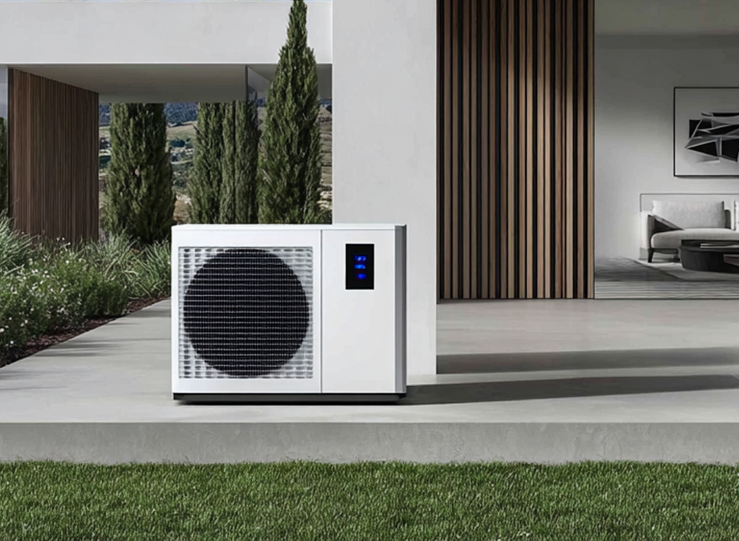 White heat pump unit on a concrete patio in front of a modern house, with grass and trees.
