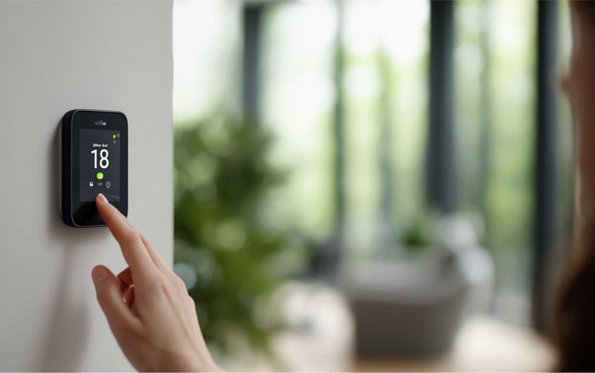 Woman adjusting thermostat, set to 18 degrees, on a white wall in a living room.