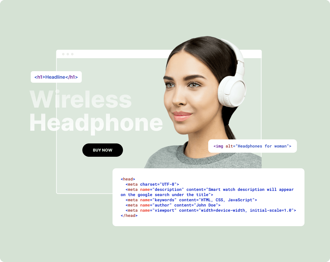 Minimal wireless headphone promo with a woman in white headphones on a pale green background