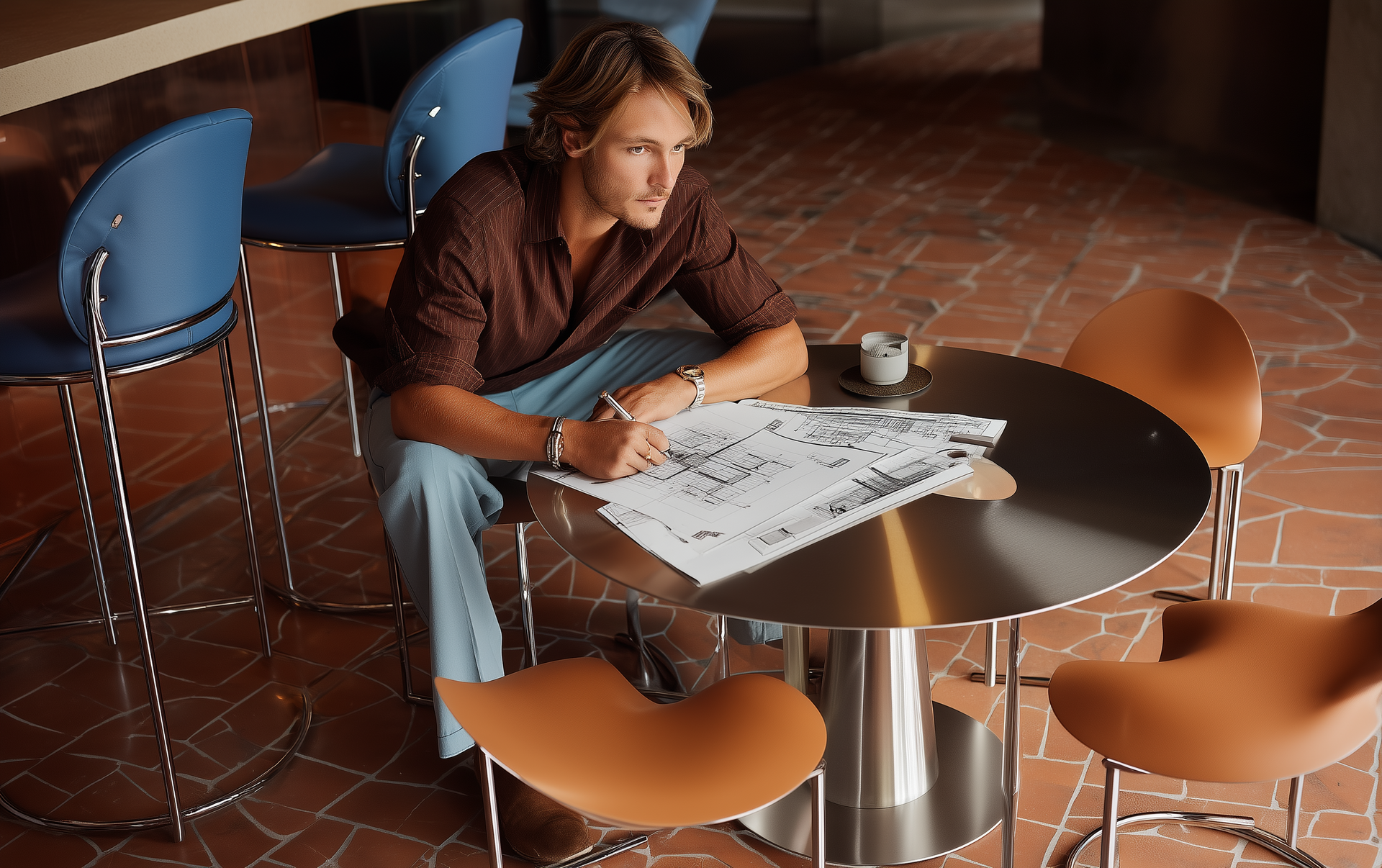 Een persoon zit te schetsen aan een ronde tafel, omringd door stoelen. Bruin shirt, blauwe broek. Interieur.
