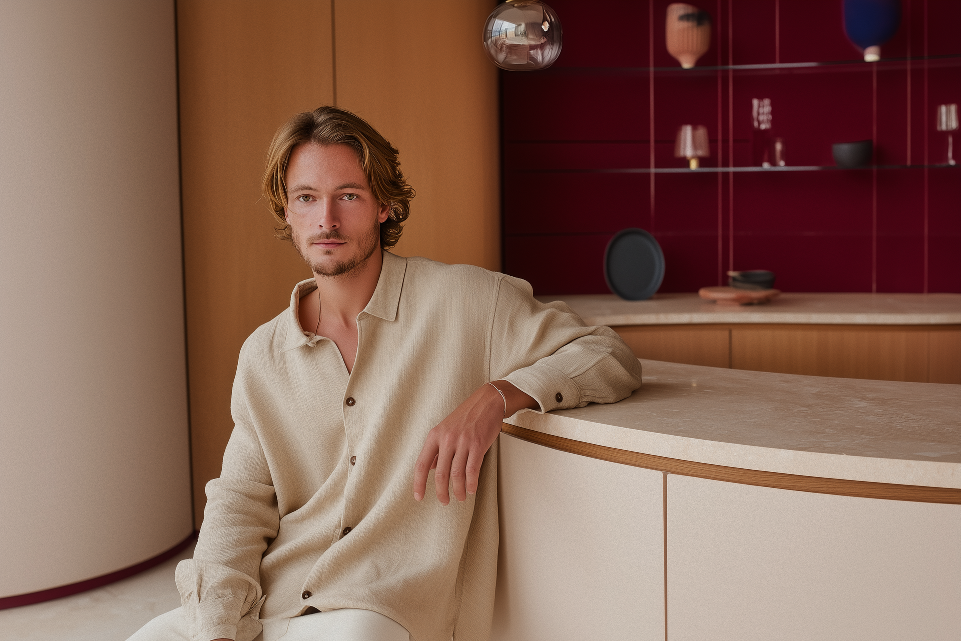 Un hombre con camisa color crema se apoya en una encimera curva en una cálida habitación moderna con estanterías rojas.