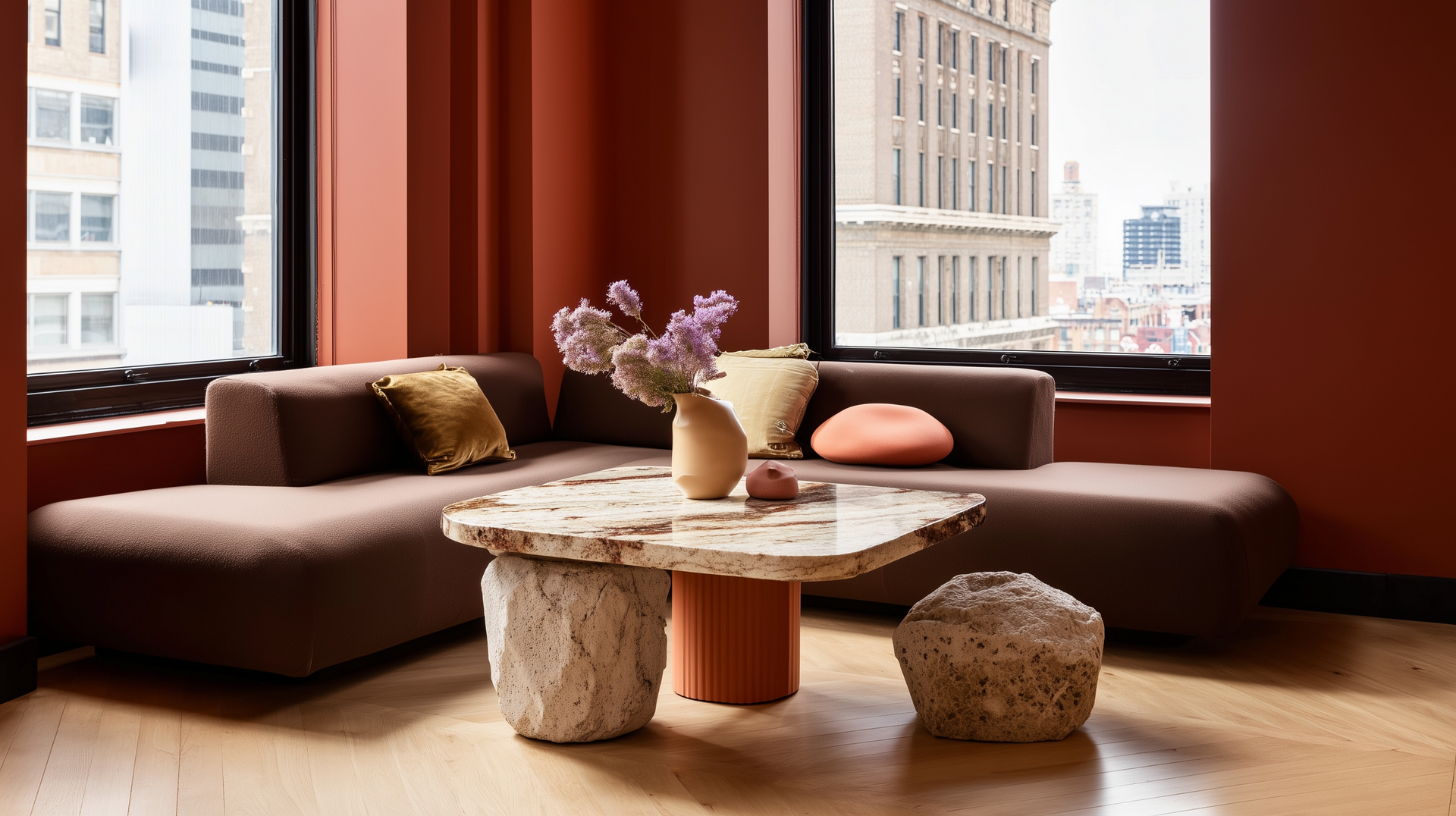 Acogedor salón con paredes rojas, grandes ventanales, sofás bajos de color marrón y una mesa de centro rústica de piedra.