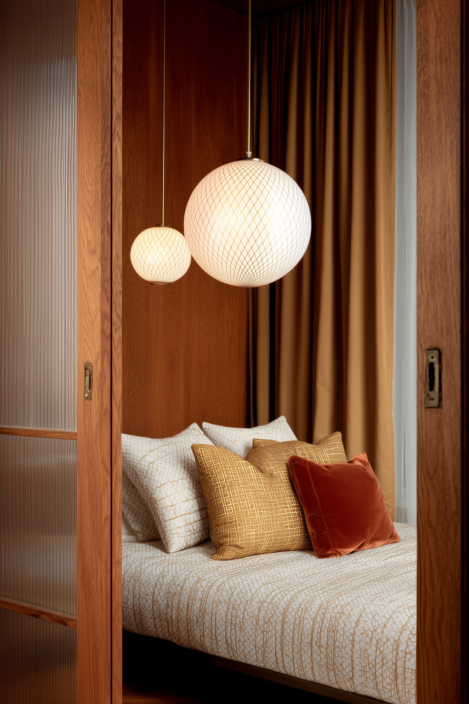 Acogedora habitación con cama, cojines estampados y dos lámparas colgantes redondas junto a paredes revestidas de madera.