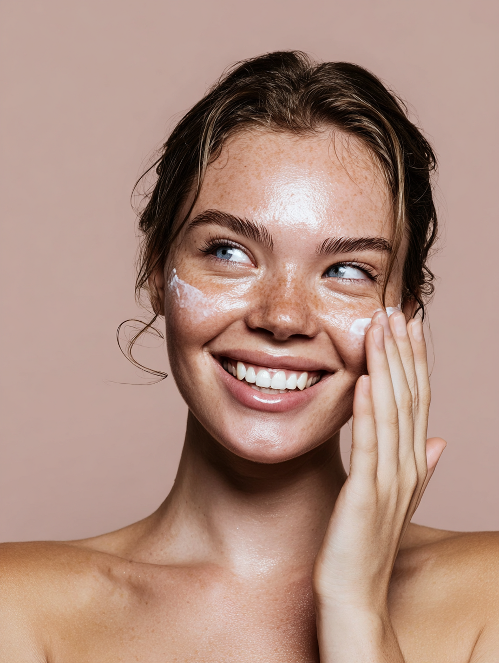 Femme souriante aux taches de rousseur, appliquant des soins sur son visage, fond neutre.