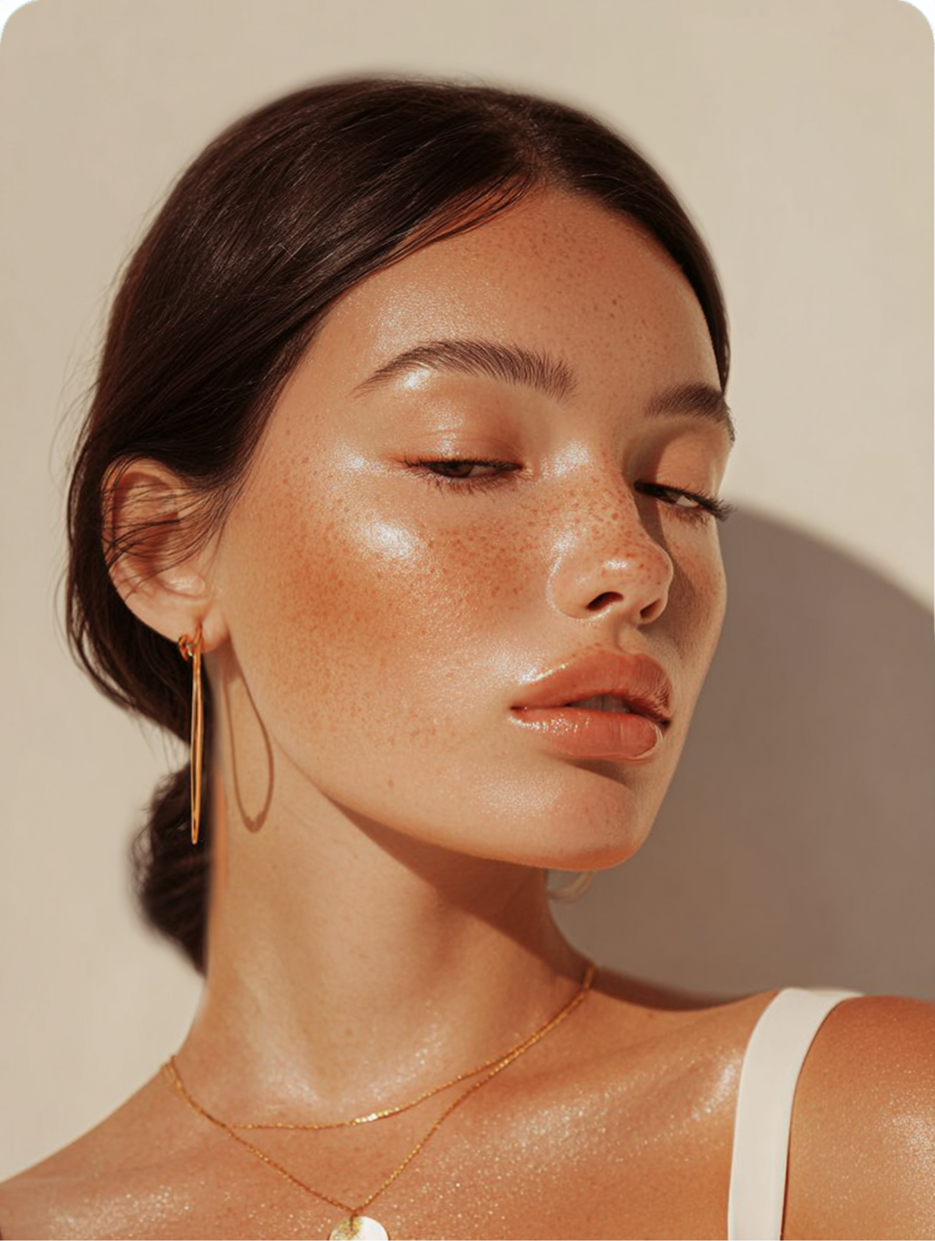 Woman with glowing skin, freckles, and gold jewelry, bathed in soft light.
