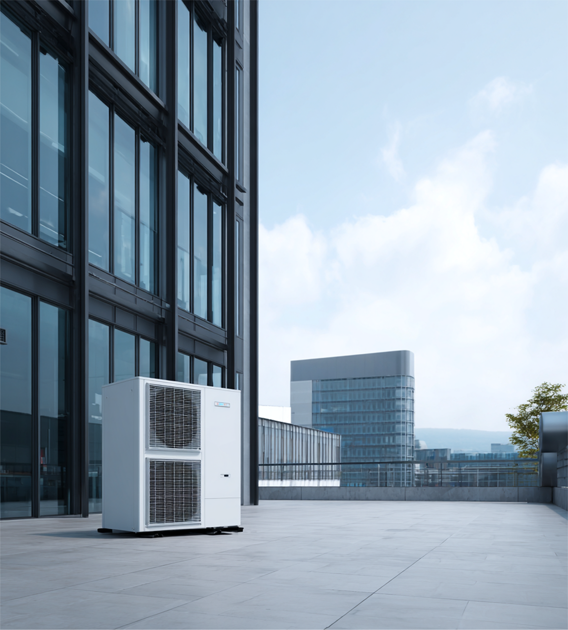 A white outdoor HVAC unit stands on a gray rooftop terrace next to a modern glass-paneled office building.