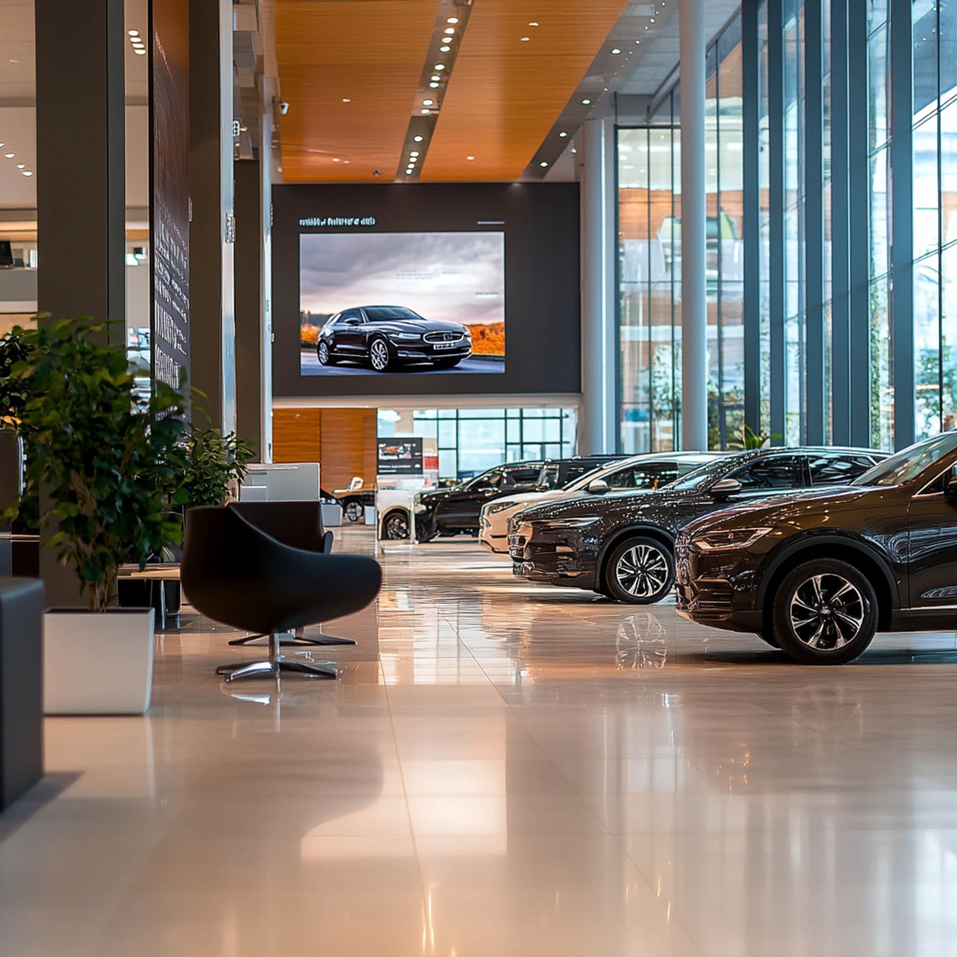 Showroom de carros com vários veículos, uma tela grande exibindo um carro e um interior moderno com plantas.