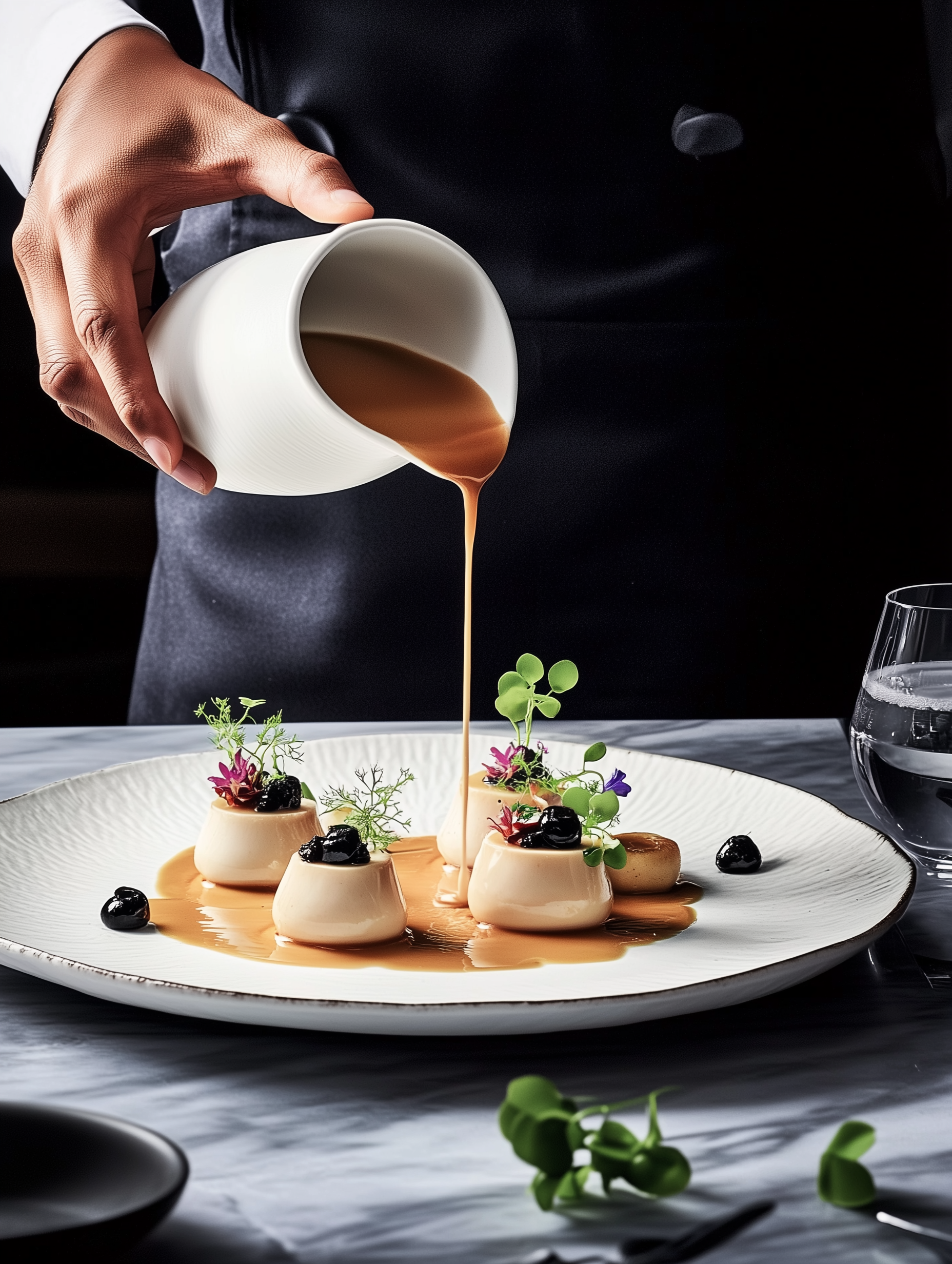 Chef pouring sauce over a plated dish with arranged food, garnished with greens and flowers.