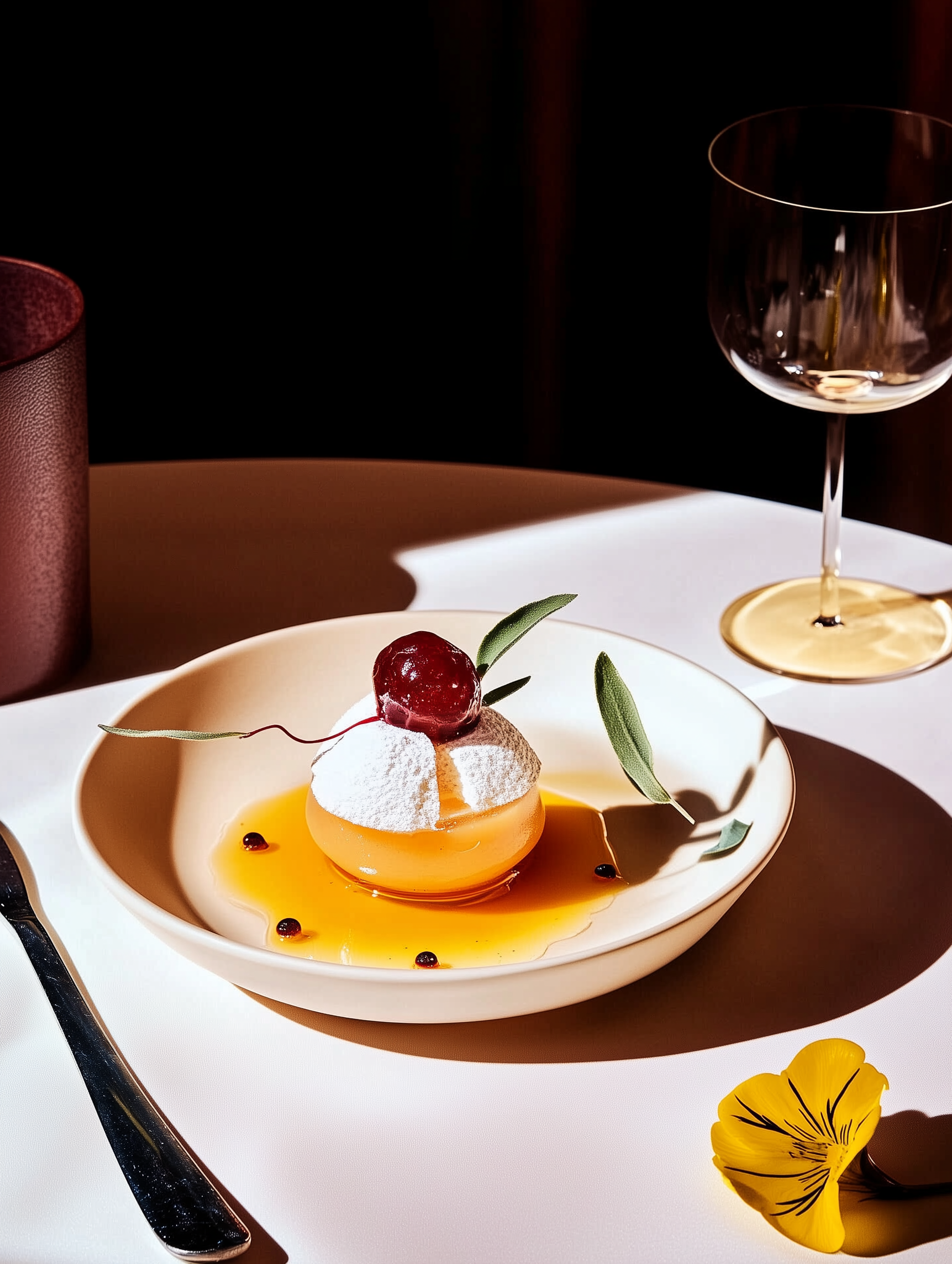 Dessert in a white bowl, garnished with a cherry, sprigs, and a sauce, next to a wine glass on a white tablecloth.