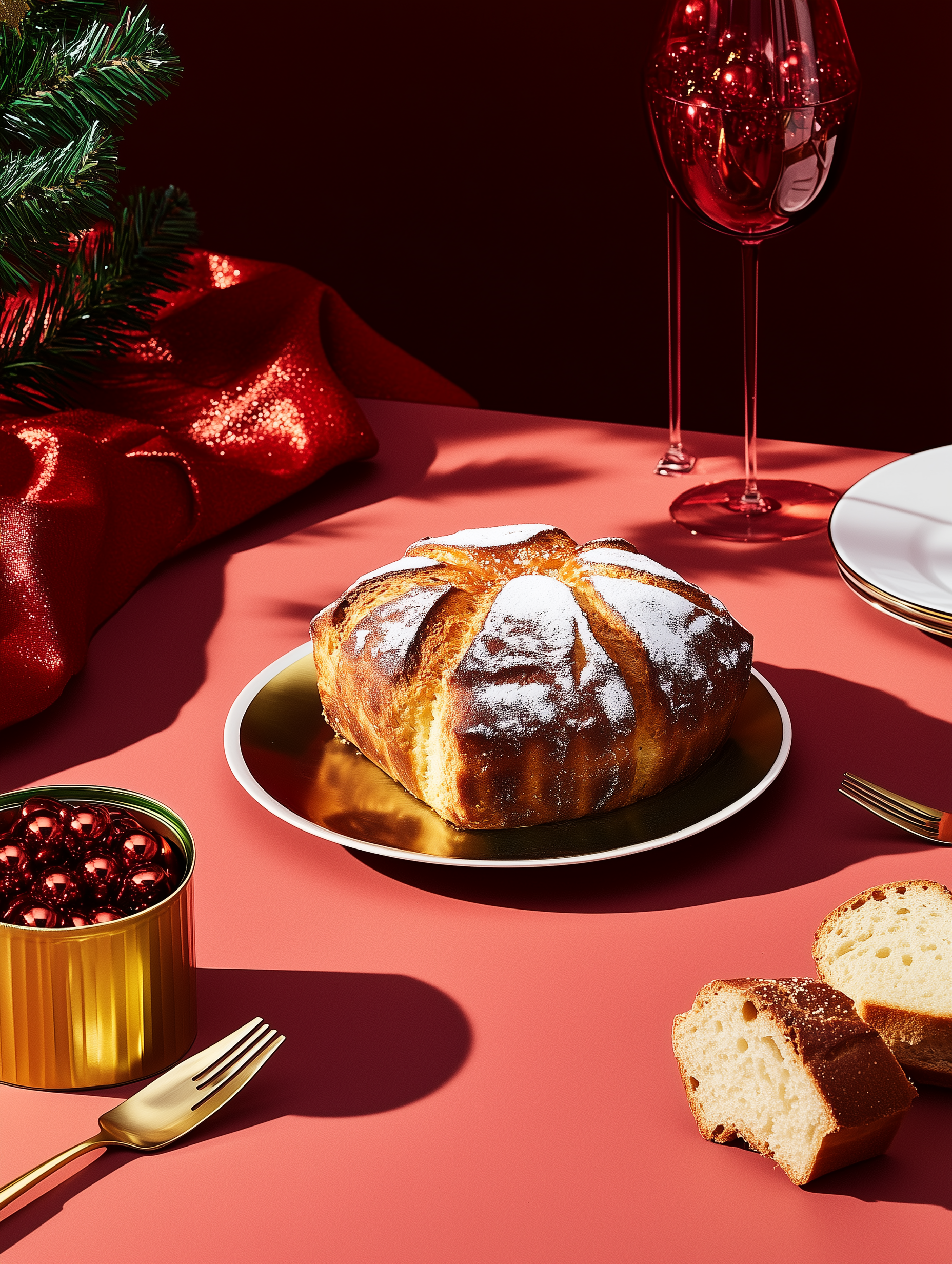 Festive table setting with a pastry on a gold plate, red wine, ornaments and a stocking.