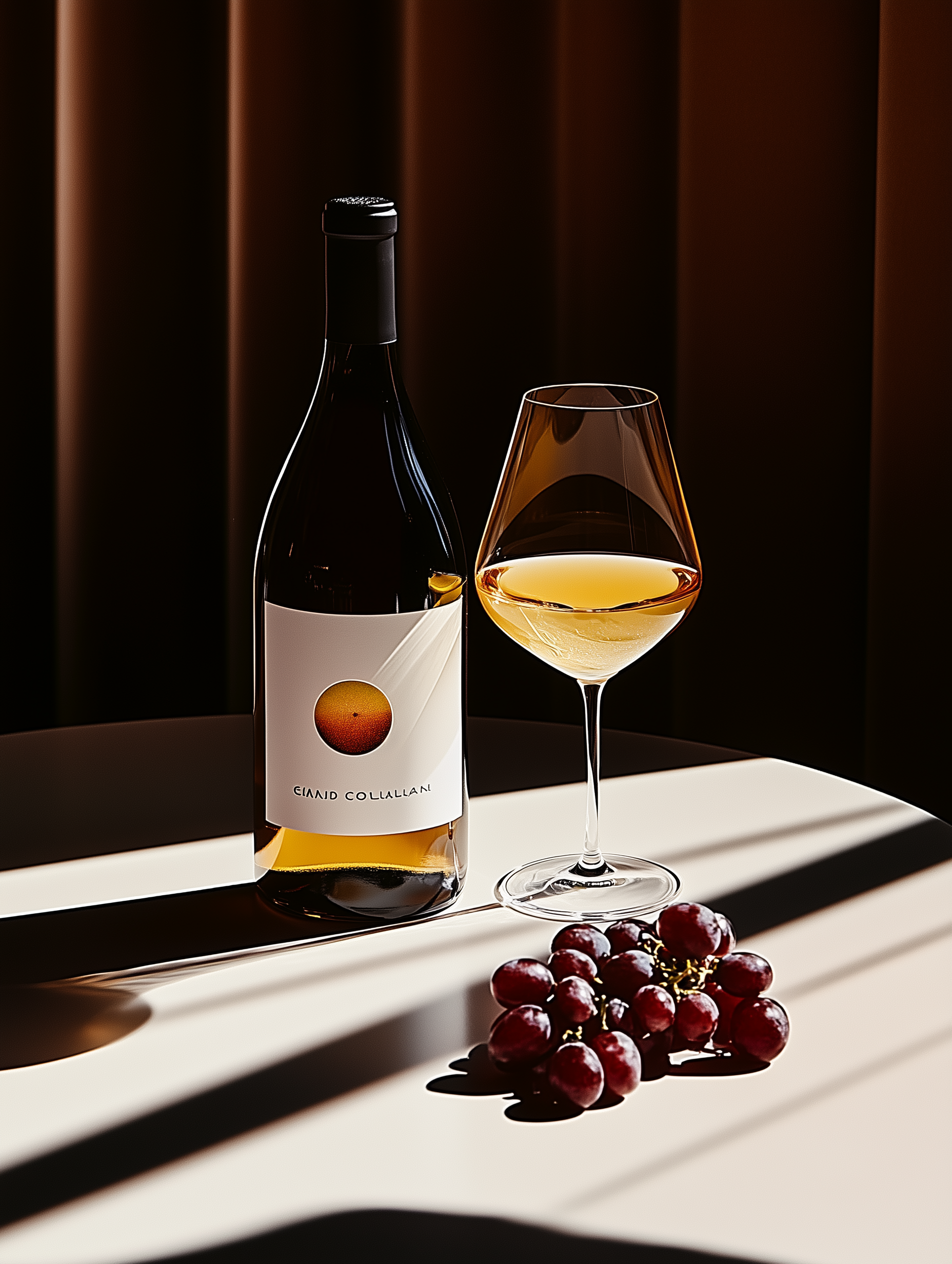 Wine bottle, glass of wine, and grapes on a table with a shadow and brown curtain background.