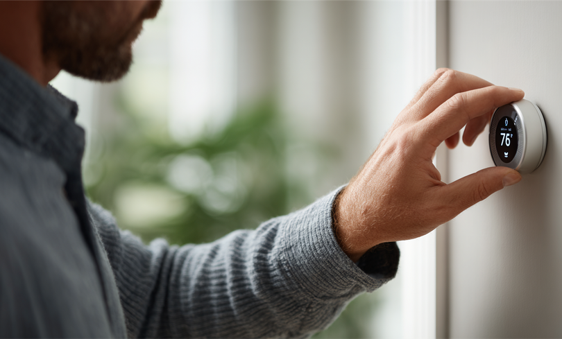 Man adjusting a round, digital thermostat on a white wall in a room.