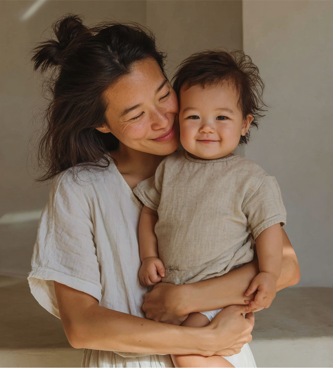 Smiling adult holding a smiling child indoors against a neutral wall.