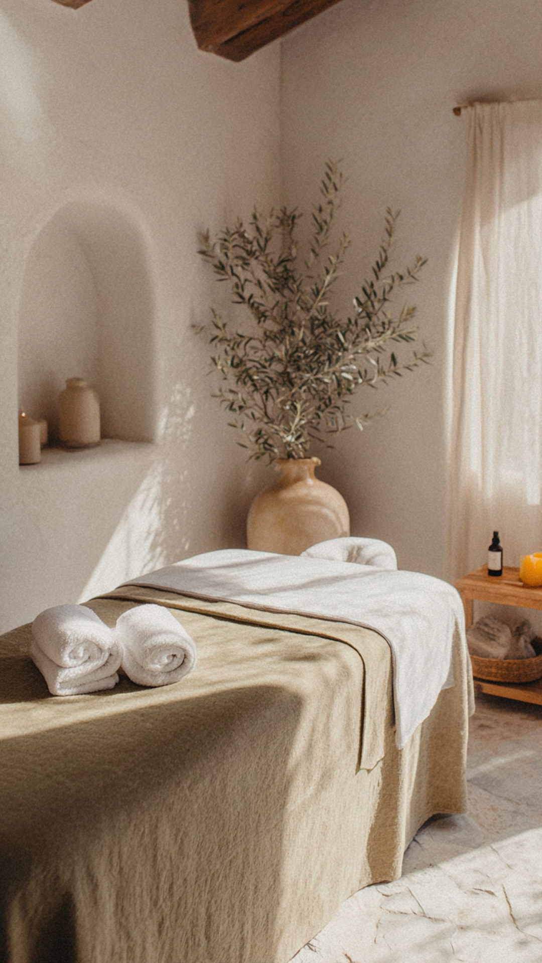 Serene spa room with massage table, rolled towels, candles, and a vase of greenery.