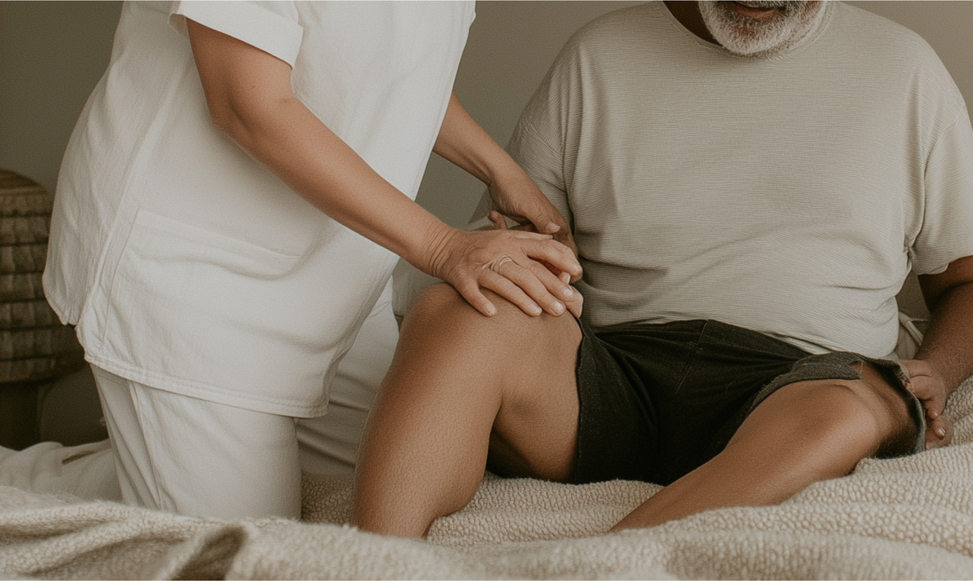 Een persoon in witte medische kleding onderzoekt de knie van een persoon die op een bed zit.