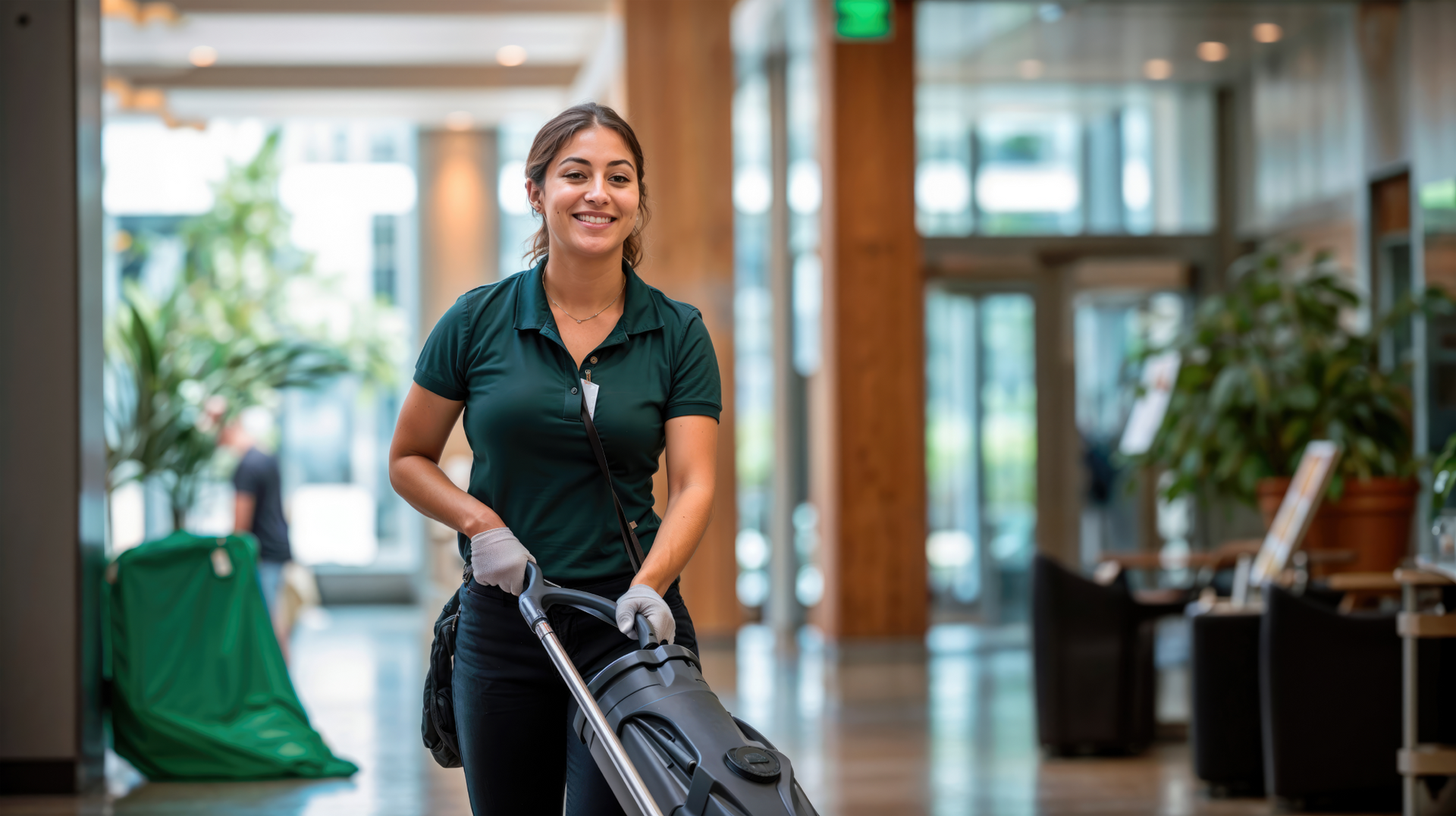 Person pushing a floor cleaning machine in a bright lobby with glass doors and potted plants.