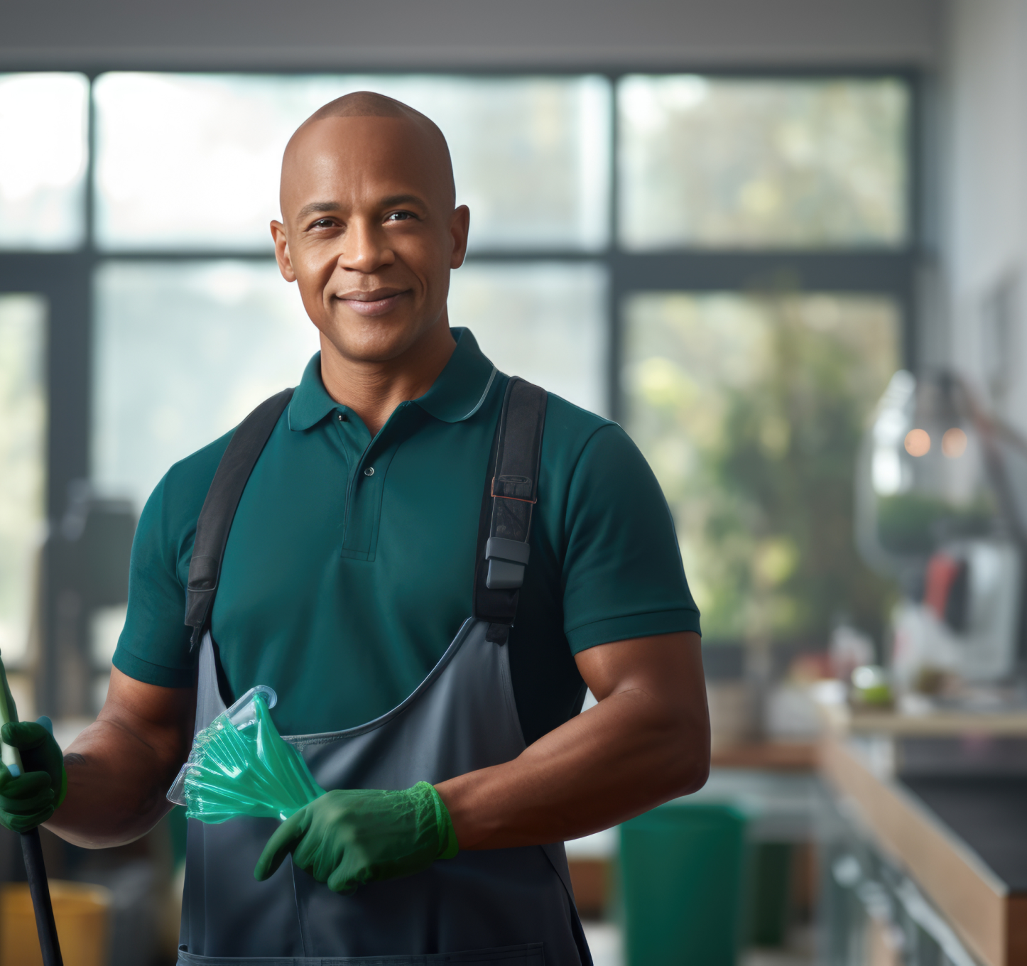 Person in a teal shirt and apron, wearing green gloves, cleaning in a bright kitchen with a spray bottle
