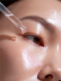 Woman applying serum with a dropper to her under eye, close-up. Her skin glows, highlighting the product's effect.
