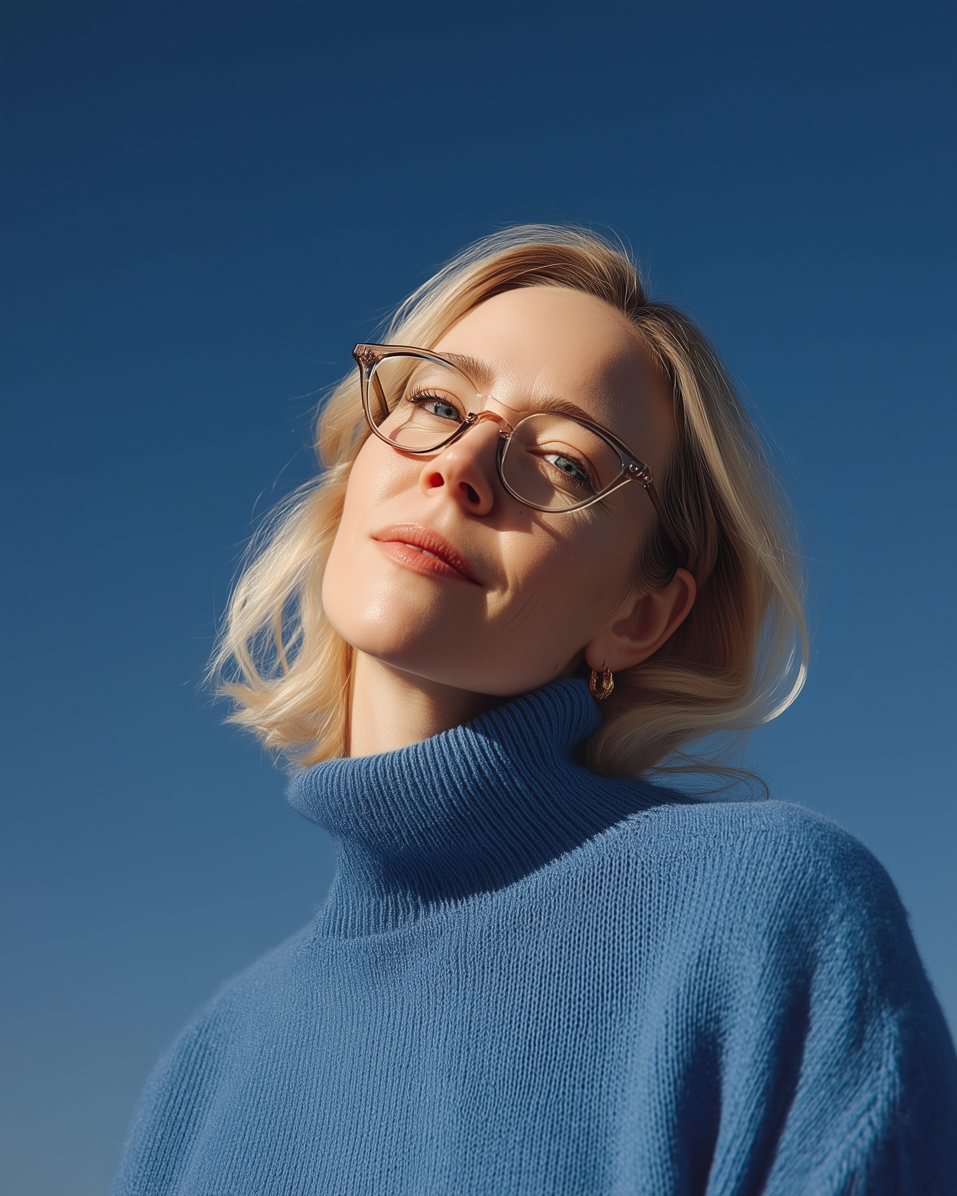 Una persona con gafas y un jersey azul contra un cielo azul despejado.