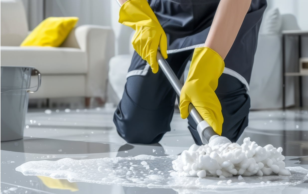 A person wearing yellow rubber gloves kneeling on a floor while mopping with soapy water in a home setting.