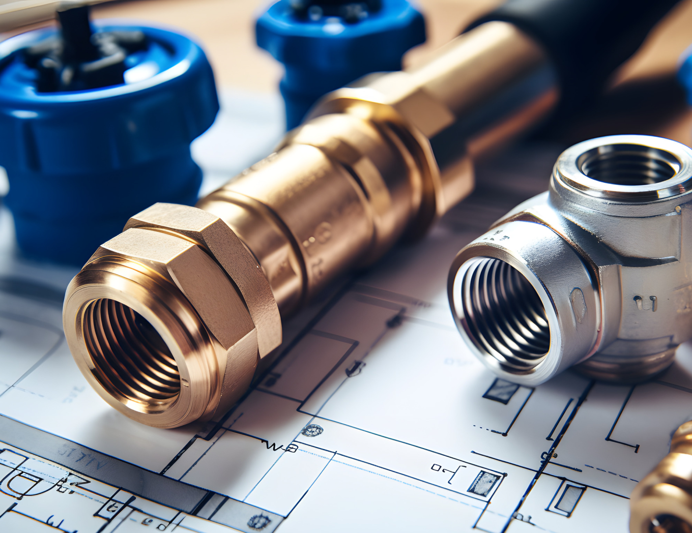 Brass and metal plumbing fittings resting on architectural blueprints.