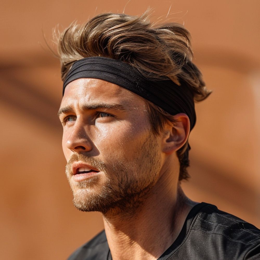 A focused athlete wearing a black headband, looking off-camera against a blurred terracotta-colored background.