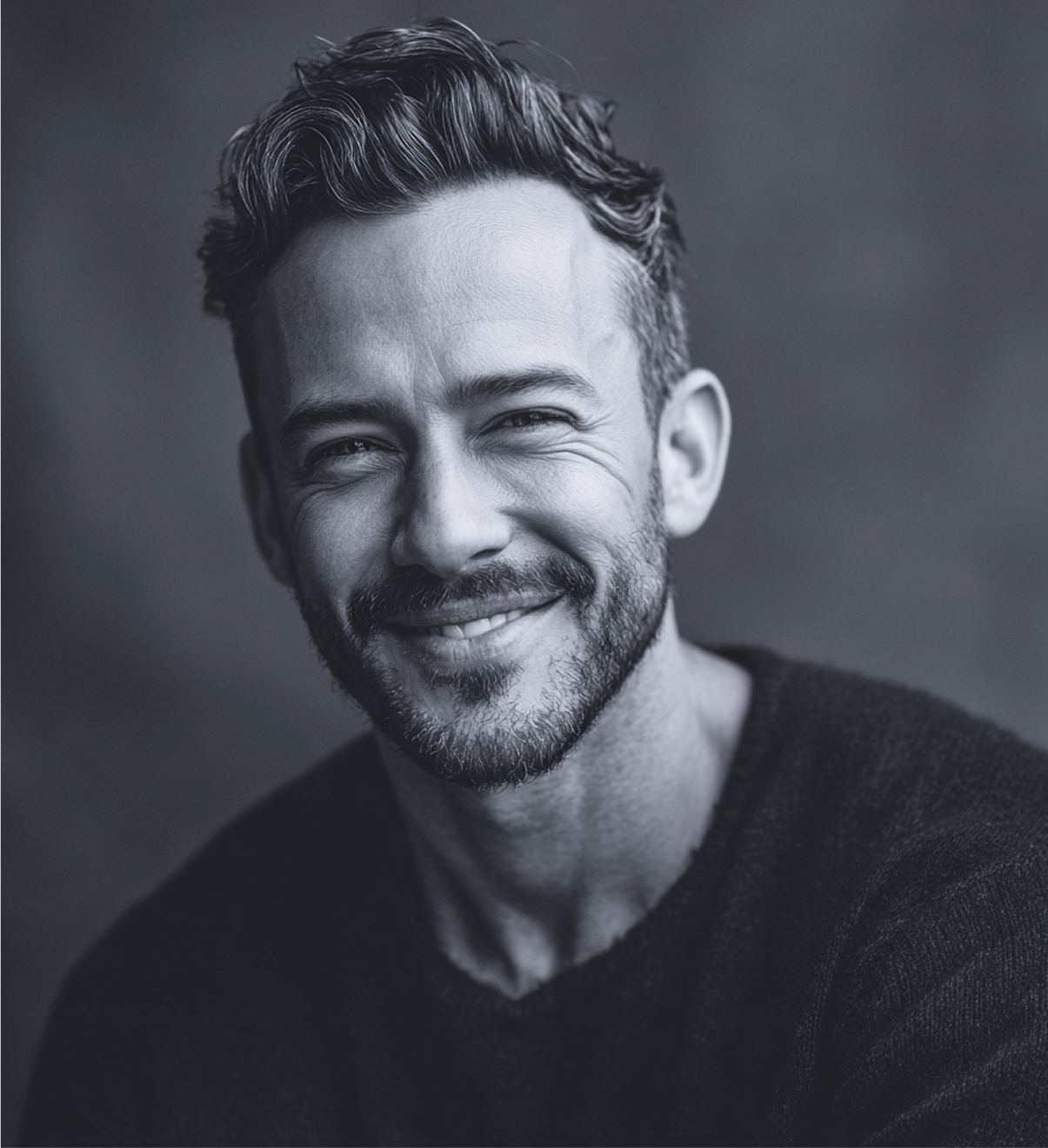 Man smiling, looking towards the camera. He has short hair and a trimmed beard. Dark sweater.