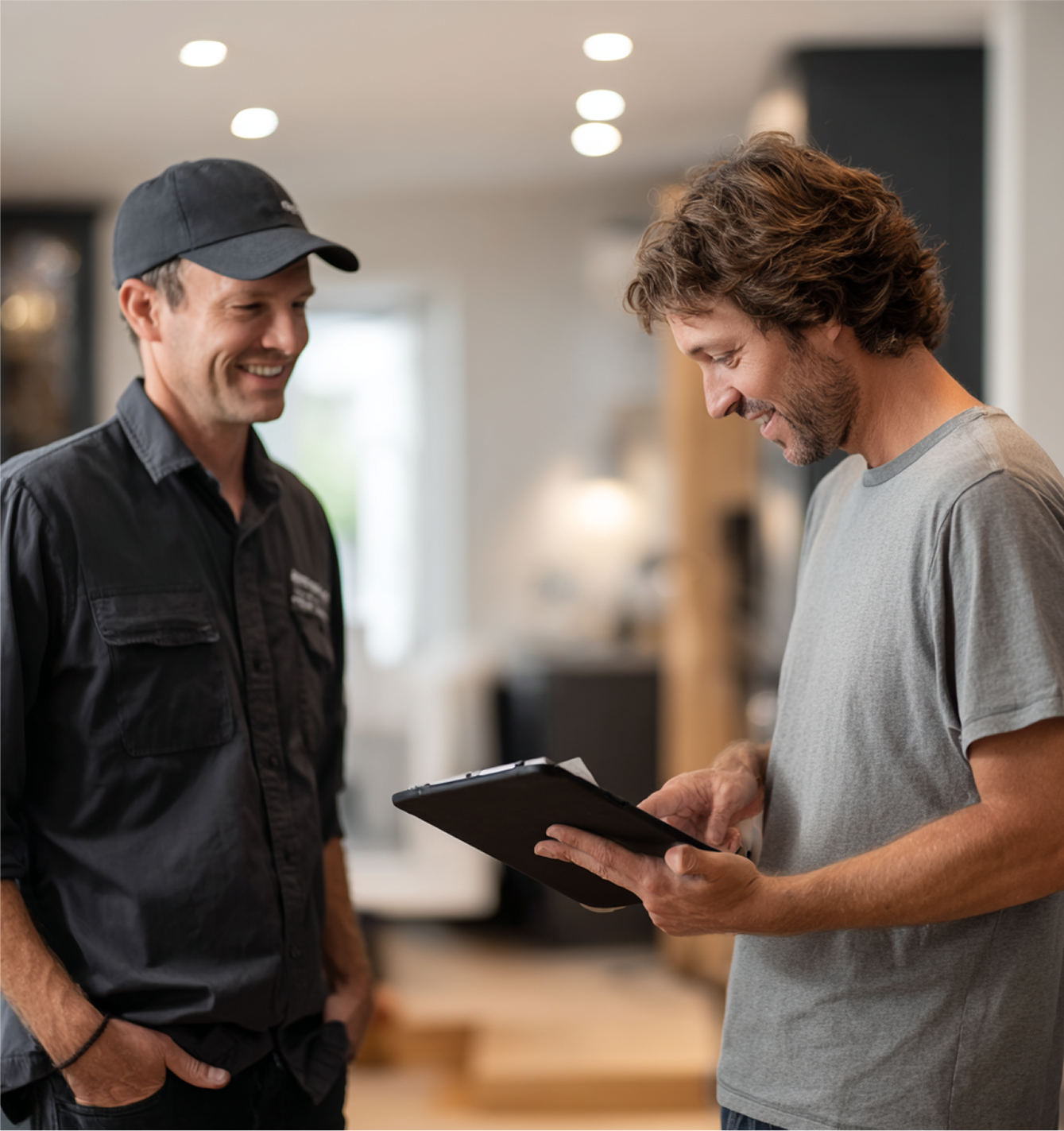 Man in cap and man in gray shirt looking at tablet, smiling. Indoors, blurred background.