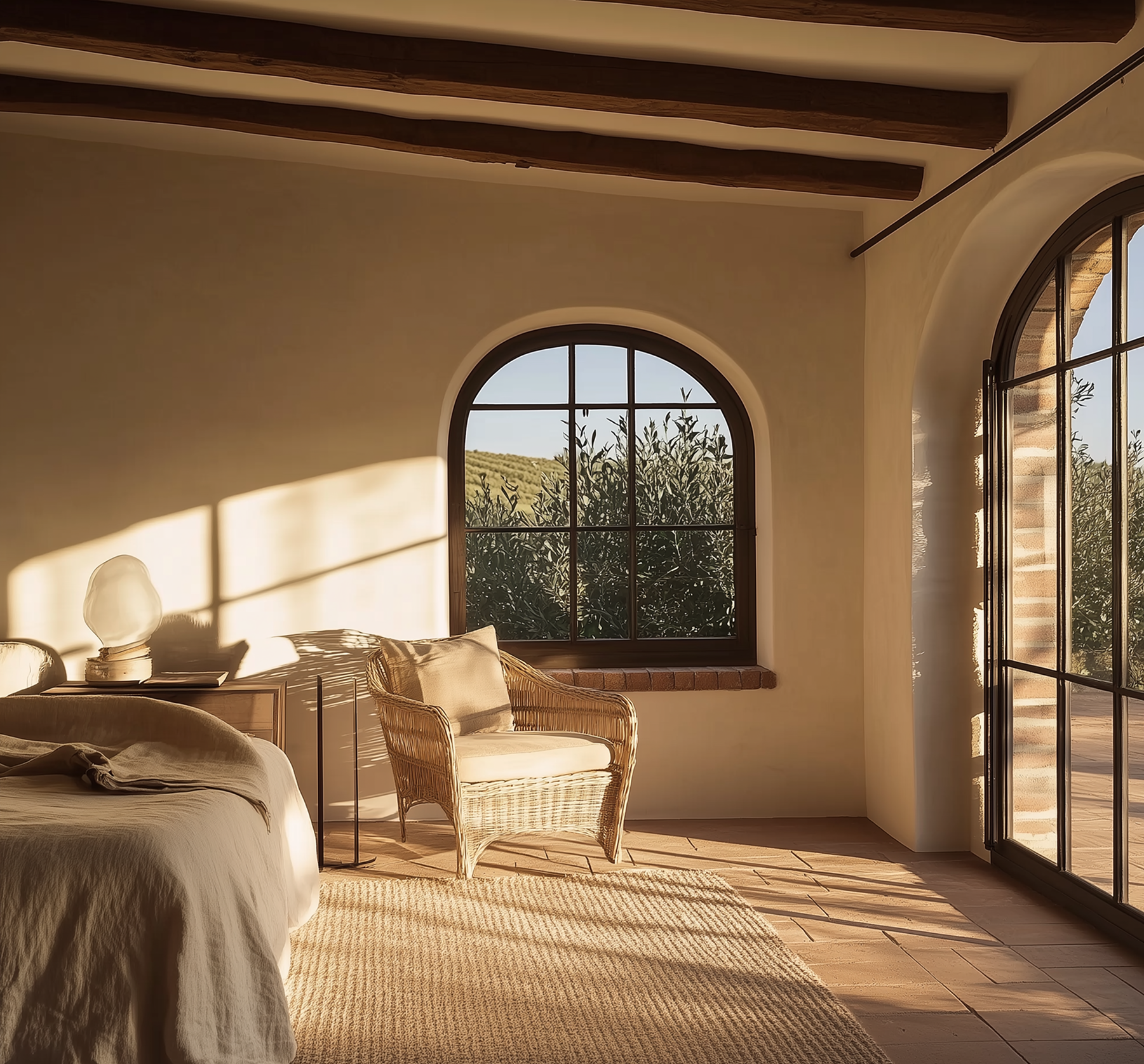 Quarto ensolarado com janela e porta em arco. Cadeira de vime, roupa de cama em tom neutro e vigas de madeira expostas.
