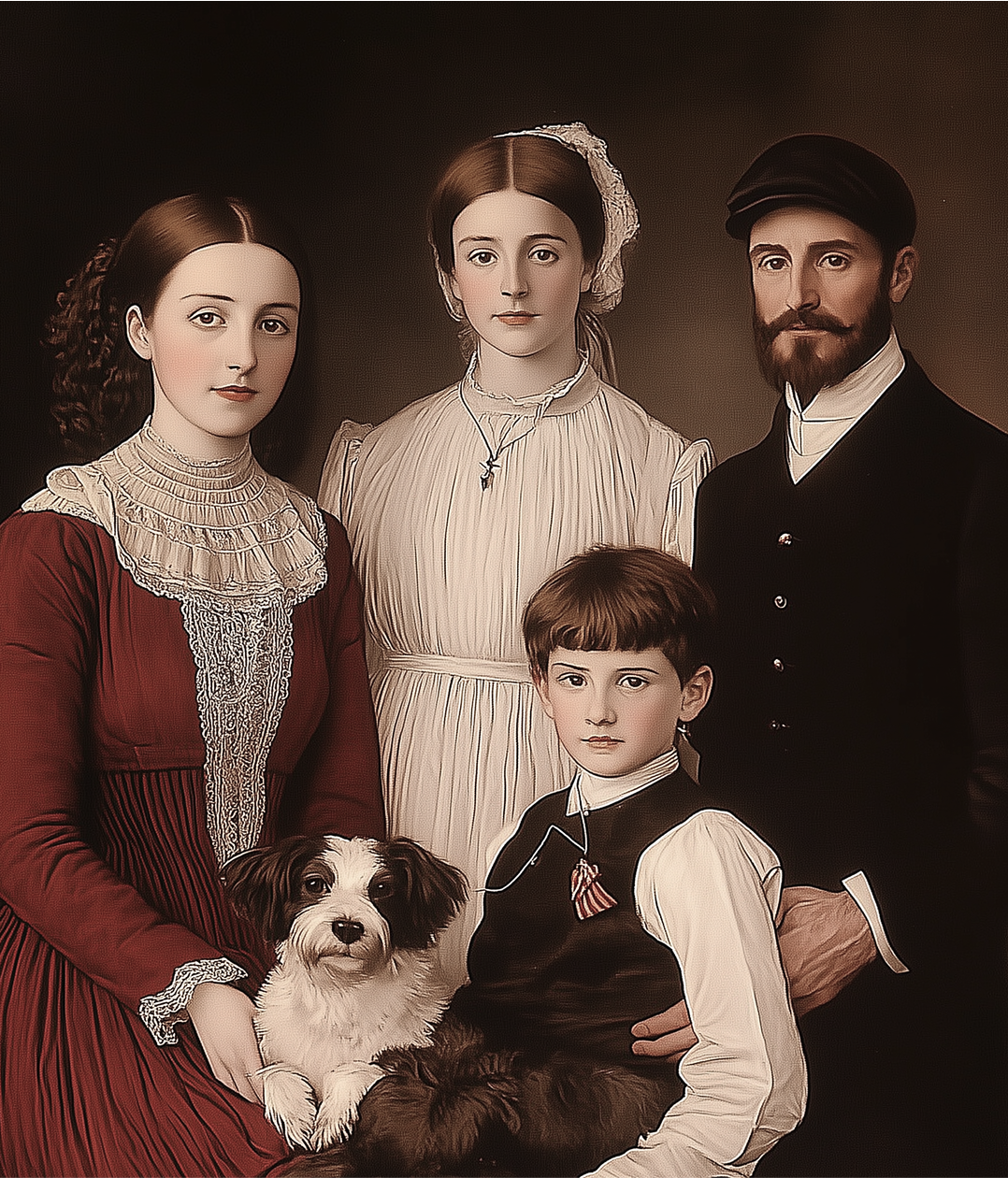 Three adults and a child posed with a small dog in a vintage studio portrait
