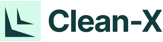 Clean-X logo with dark teal text and abstract leaf icon on a light background