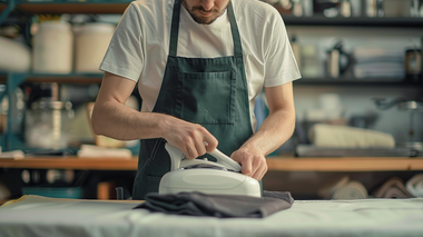 Green-gloved hand wiping a glossy table with a white cloth beside a spray bottle