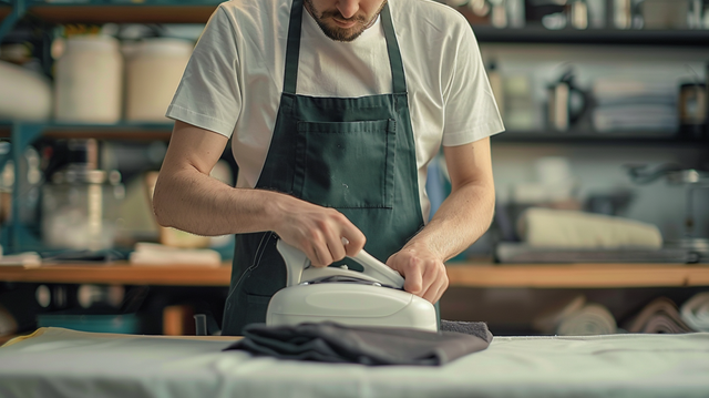 Person ironing fabric on a table in a workshop, wearing a white shirt and dark apron.