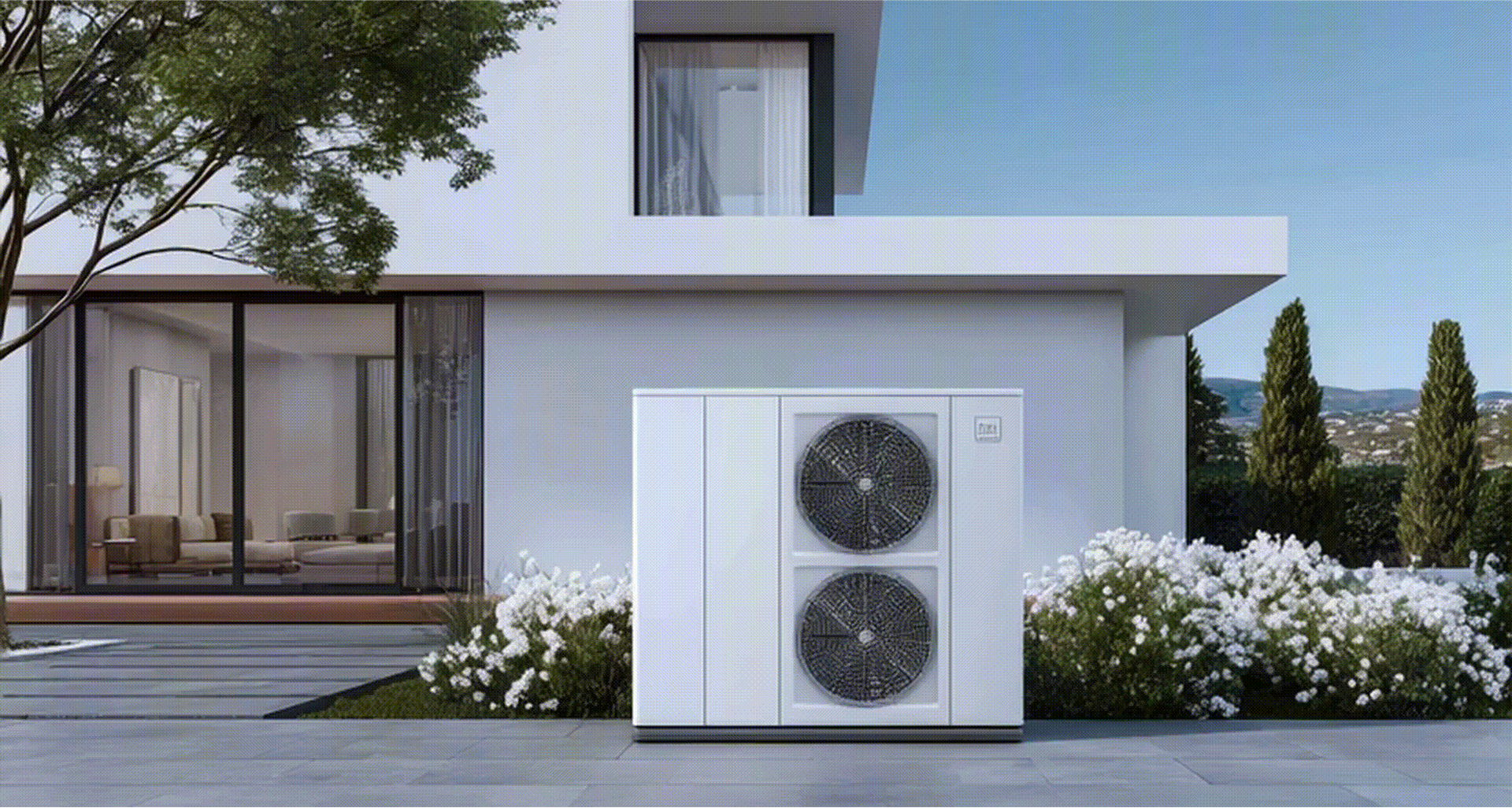 Extérieur d'une maison blanche moderne avec un grand climatiseur