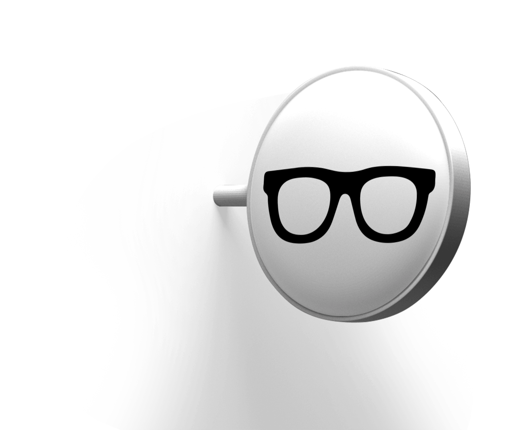 A button with a pair of glasses on it